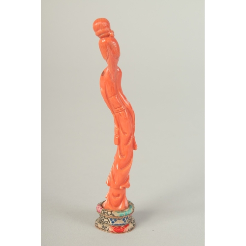 107 - A VERY FINE CHINESE CARVED CORAL FIGURE OF GUANYIN, on stand and in original fitted box with sliding... 