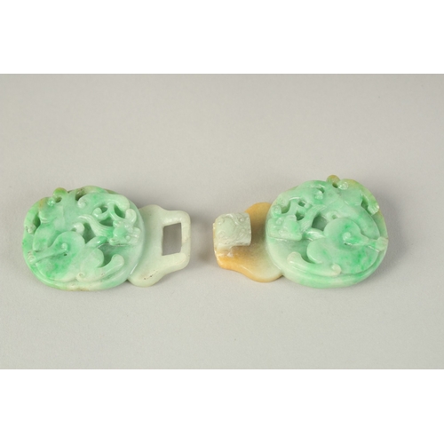 108 - TWO FINE CHINESE CARVED JADE INTERLOCKING BELT HOOK PIECES, each piece 6cm wide, (2).