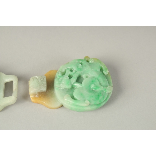 108 - TWO FINE CHINESE CARVED JADE INTERLOCKING BELT HOOK PIECES, each piece 6cm wide, (2).