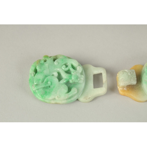 108 - TWO FINE CHINESE CARVED JADE INTERLOCKING BELT HOOK PIECES, each piece 6cm wide, (2).