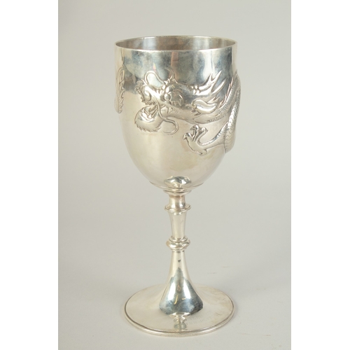 109 - A CHINESE SILVER FOOTED GOBLET CUP WITH EMBOSSED DRAGON, hallmark to base, inscribed to the foot, 23... 