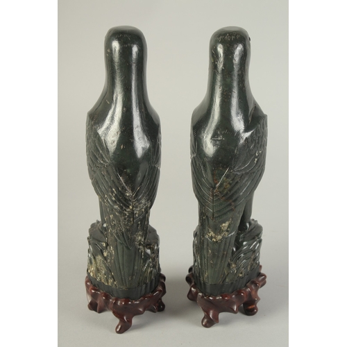 113 - A PAIR OF CHINESE CARVED DARK GREEN HARDSTONE BIRDS, mounted to fitted carved hardwood stands raised... 