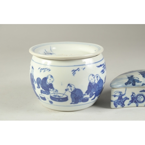 117 - THREE CHINESE BLUE AND WHITE PORCELAIN BOXES, two decorated with boys, the other with landscape scen... 