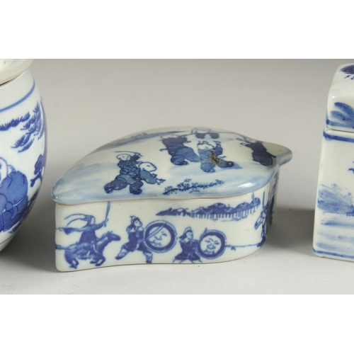 117 - THREE CHINESE BLUE AND WHITE PORCELAIN BOXES, two decorated with boys, the other with landscape scen... 