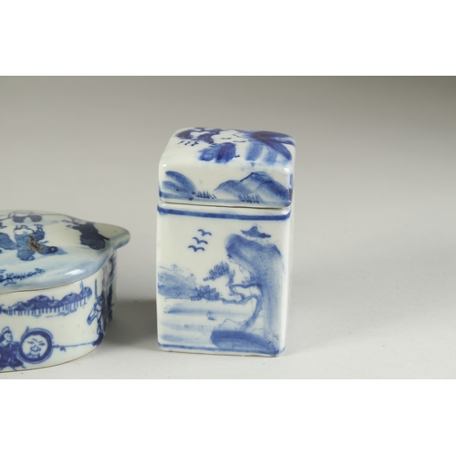 117 - THREE CHINESE BLUE AND WHITE PORCELAIN BOXES, two decorated with boys, the other with landscape scen... 