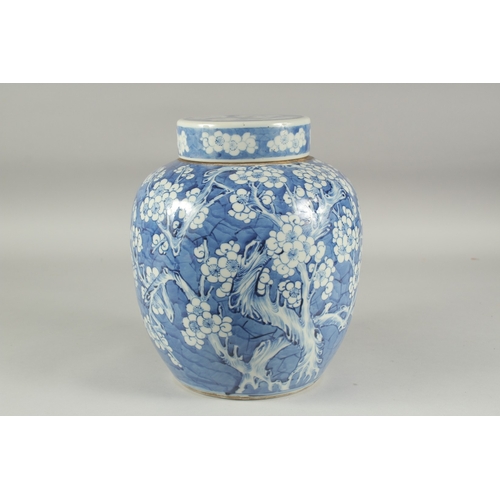 61 - A LARGE CHINESE BLUE AND WHITE PORCELAIN PRUNUS JAR AND COVER, 28.5cm high.