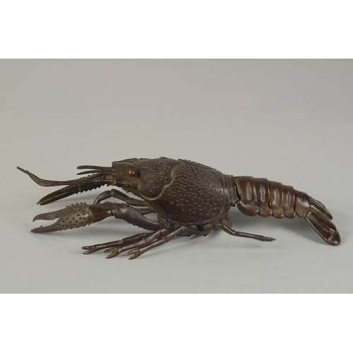 62 - A JAPANESE LIFE-SIZE ARTICULATED BRONZE OKIMONO OF A LOBSTER CRAYFISH, signed, 26cm long.