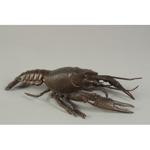 62 - A JAPANESE LIFE-SIZE ARTICULATED BRONZE OKIMONO OF A LOBSTER CRAYFISH, signed, 26cm long.
