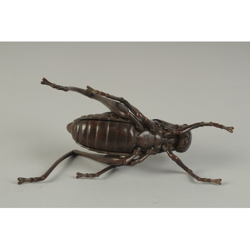 63 - A JAPANESE BRONZE OKIMONO OF A TRUE KATYDID, with articulated legs, signed, 16cm long.