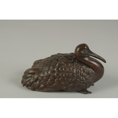 64 - A JAPANESE BRONZE CENSER BURNER IN THE FORM OF A RESTED EGRET, with removable section to the back, 1... 