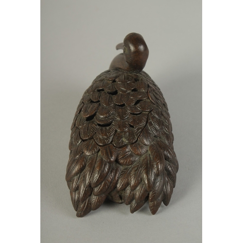 64 - A JAPANESE BRONZE CENSER BURNER IN THE FORM OF A RESTED EGRET, with removable section to the back, 1... 