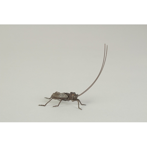 72 - AN ARTICULATED JAPANESE BRONZE OKIMONO OF A CRICKET, 7.5cm long.