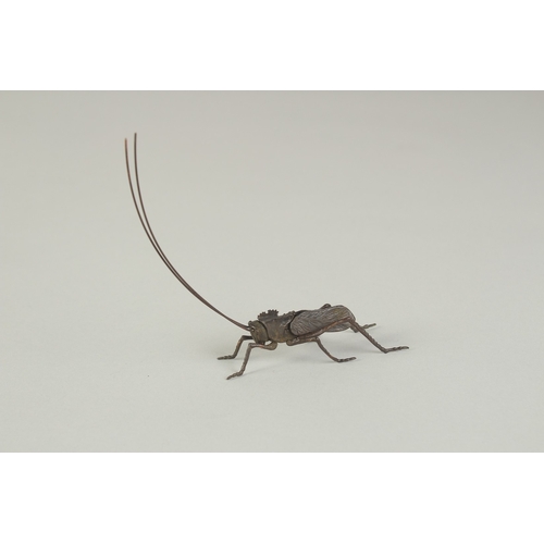 72 - AN ARTICULATED JAPANESE BRONZE OKIMONO OF A CRICKET, 7.5cm long.