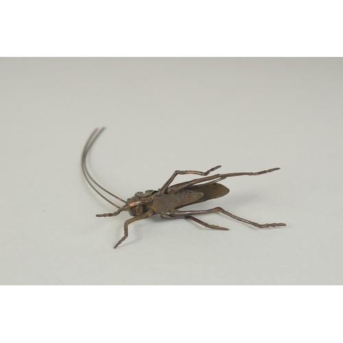 72 - AN ARTICULATED JAPANESE BRONZE OKIMONO OF A CRICKET, 7.5cm long.
