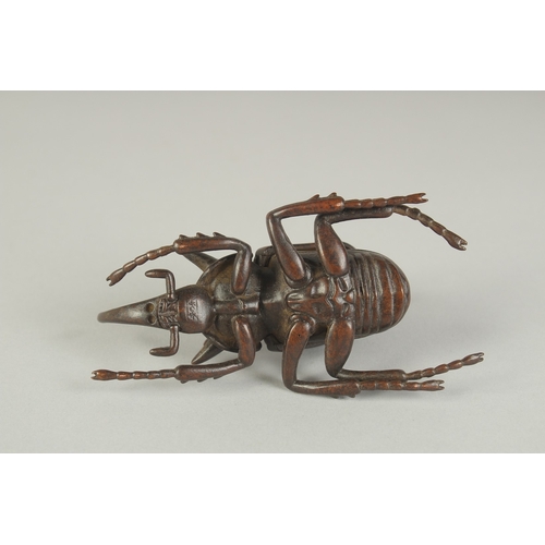 74 - A JAPANESE BRONZE OKIMONO OF A RHINOCEROS BEETLE, with hinged back opening to reveal inner container... 