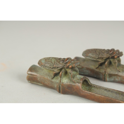 84 - A PAIR OF JAPANESE BRONZE PAPERWEIGHTS, with an insect on bamboo, the underside with mark, 19cm long... 