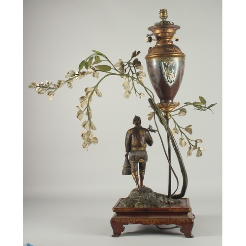 93 - A FINE AND LARGE JAPANESE MEIJI BRONZE AND CLOISONNE FIGURAL LAMP, with okimono of a man holding a b... 