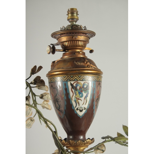93 - A FINE AND LARGE JAPANESE MEIJI BRONZE AND CLOISONNE FIGURAL LAMP, with okimono of a man holding a b... 