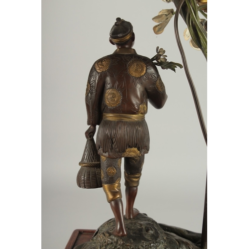 93 - A FINE AND LARGE JAPANESE MEIJI BRONZE AND CLOISONNE FIGURAL LAMP, with okimono of a man holding a b... 