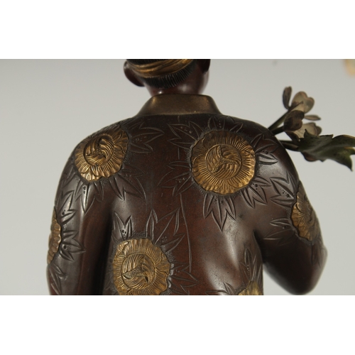 93 - A FINE AND LARGE JAPANESE MEIJI BRONZE AND CLOISONNE FIGURAL LAMP, with okimono of a man holding a b... 