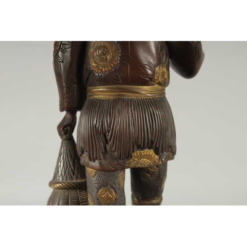 93 - A FINE AND LARGE JAPANESE MEIJI BRONZE AND CLOISONNE FIGURAL LAMP, with okimono of a man holding a b... 