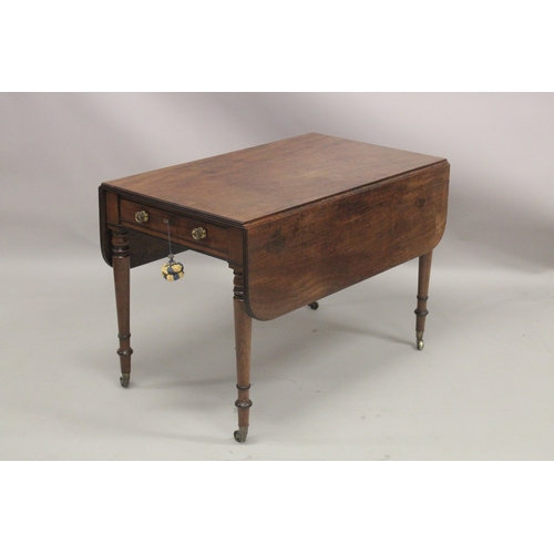 1011 - A LARGE 19TH CENTURY GILLOW MODEL MAHOGNAY PEMBROKE TABLE with reeded edge, folding flaps and drawer... 