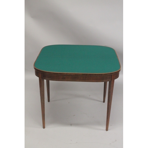 1012 - A GEORGIAN MAHOGANY CARD TABLE with folding flap, green baize cover, supported on tapering legs. 3ft... 