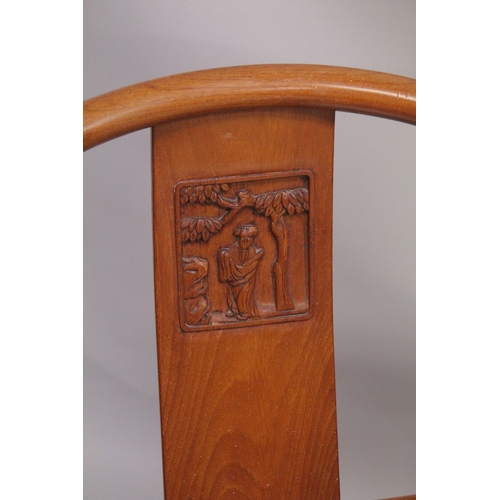 1013 - A GOOD PAIR OF CHINESE REDWOOD HOOP BACK CHAIRS with carved splats and solid seat.