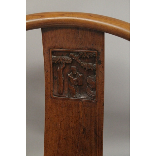 1013 - A GOOD PAIR OF CHINESE REDWOOD HOOP BACK CHAIRS with carved splats and solid seat.