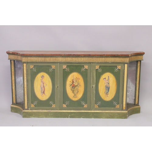 1014 - A VERY GOOD PAIR OF PAINTED SHERATON SIDE CABINETS, FAUX SATINWOOD, painted with garlands, the front... 