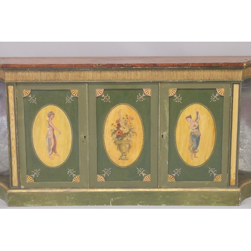 1014 - A VERY GOOD PAIR OF PAINTED SHERATON SIDE CABINETS, FAUX SATINWOOD, painted with garlands, the front... 