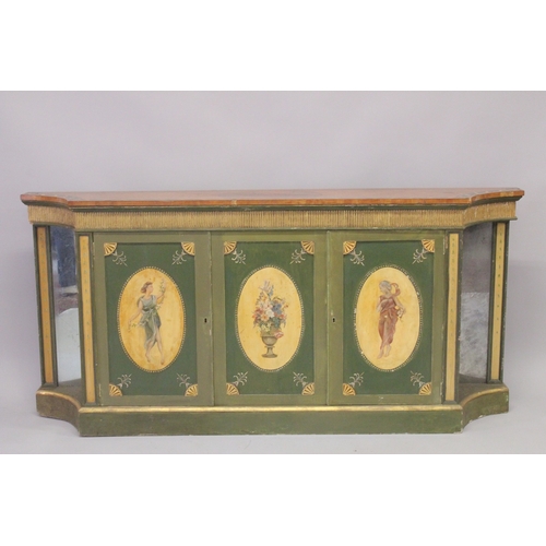 1014 - A VERY GOOD PAIR OF PAINTED SHERATON SIDE CABINETS, FAUX SATINWOOD, painted with garlands, the front... 