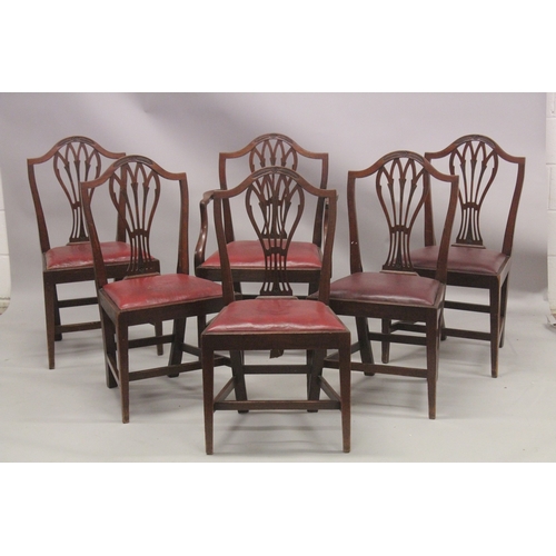 1016 - A SET OF SIX HEPPLEWHITE DESIGN SHIELD BACK DINING CHAIRS one with arms, with leather drop in seats.