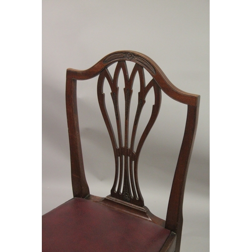 1016 - A SET OF SIX HEPPLEWHITE DESIGN SHIELD BACK DINING CHAIRS one with arms, with leather drop in seats.