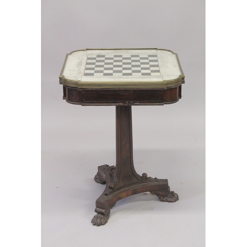 1018 - A SUPERB GILLOW MODEL MAHOGANY GAMES TABLE, the top with a chess board and drawings depicting variou... 