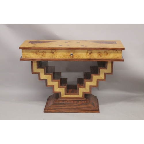 1025 - A GOOD ART DECO DESIGN CONSOLE TABLE fitted with a single drawer and zig zag supports. 4ft long, 1ft... 