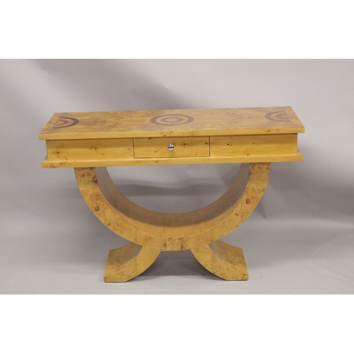 1026 - A GOOD ART DECO DESIGN CONSOLE TABLE fitted with a single drawer and open work base. 3ft 6ins long, ... 