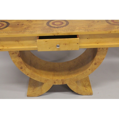 1026 - A GOOD ART DECO DESIGN CONSOLE TABLE fitted with a single drawer and open work base. 3ft 6ins long, ... 