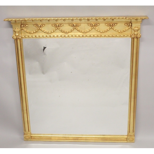 1030 - A GOOD LARGE GILTWOOD ADAM STYLE OVERMANTLE MIRROR the frieze with swags. 5ft high, 4ft 10ins wide.... 