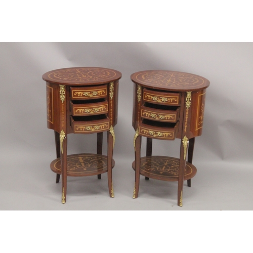 1033 - A GOOD PAIR OF LOUIS XVITH DESIGN OVAL BEDSIDE TABLES fitted with three drawers, gilt mounts, curvin... 