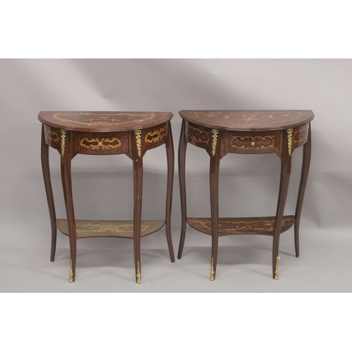 1034 - A GOOD PAIR OF LOUIS XVITH DESIGN  HALF MOON CONSOLE TABLES with a single drawer, curving legs and u... 