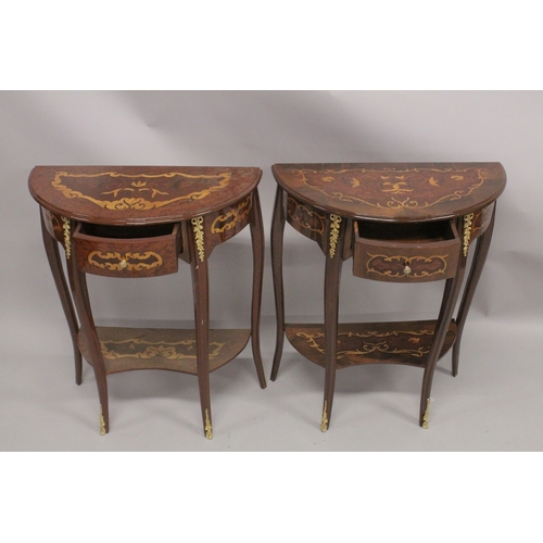 1034 - A GOOD PAIR OF LOUIS XVITH DESIGN  HALF MOON CONSOLE TABLES with a single drawer, curving legs and u... 