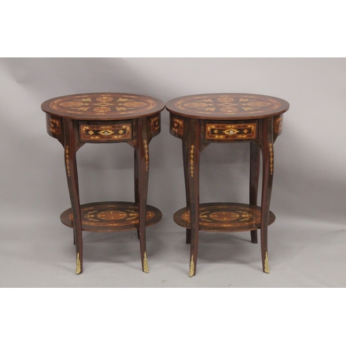 1036 - A GOOD PAIR OF LOUIS XVITH DESIGN OVAL BEDSIDE TABLES with single drawer, curving legs and undertier... 