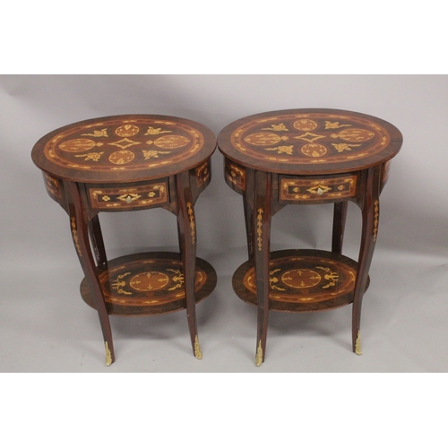 1036 - A GOOD PAIR OF LOUIS XVITH DESIGN OVAL BEDSIDE TABLES with single drawer, curving legs and undertier... 