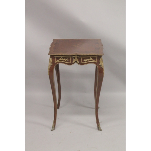 1041 - A LOUIS XVITH DESIGN SQUARE INLAID CENTRE TABLE with gilt metal mounts and four curving legs. 1ft 7i... 