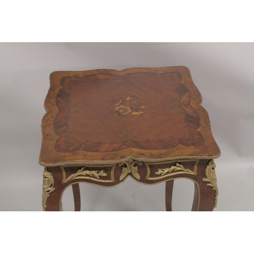 1041 - A LOUIS XVITH DESIGN SQUARE INLAID CENTRE TABLE with gilt metal mounts and four curving legs. 1ft 7i... 