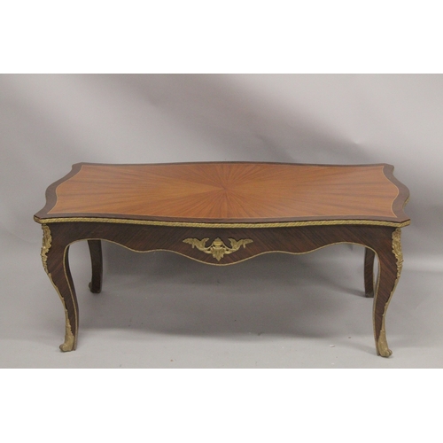 1045 - A GOOD, LARGE, LOUIS XVITH STYLE KINGWOOD, RECTANGULAR TOP, COFFEE TABLE with segmented top, curving... 