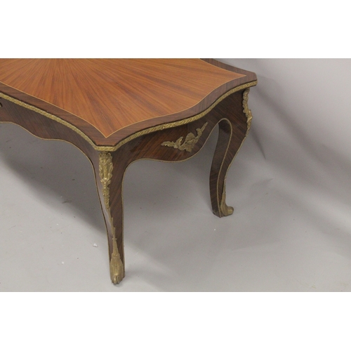 1045 - A GOOD, LARGE, LOUIS XVITH STYLE KINGWOOD, RECTANGULAR TOP, COFFEE TABLE with segmented top, curving... 