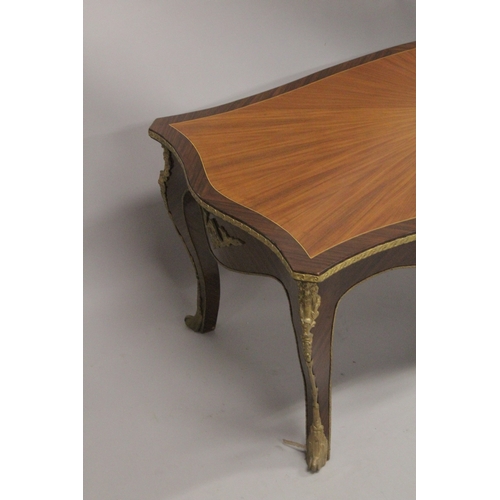 1045 - A GOOD, LARGE, LOUIS XVITH STYLE KINGWOOD, RECTANGULAR TOP, COFFEE TABLE with segmented top, curving... 