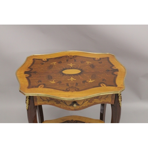 1058 - A GOOD LOUIS XVITH DESIGN INLAID TABLE with gilt metal mounts, single drawer, curving legs and under... 